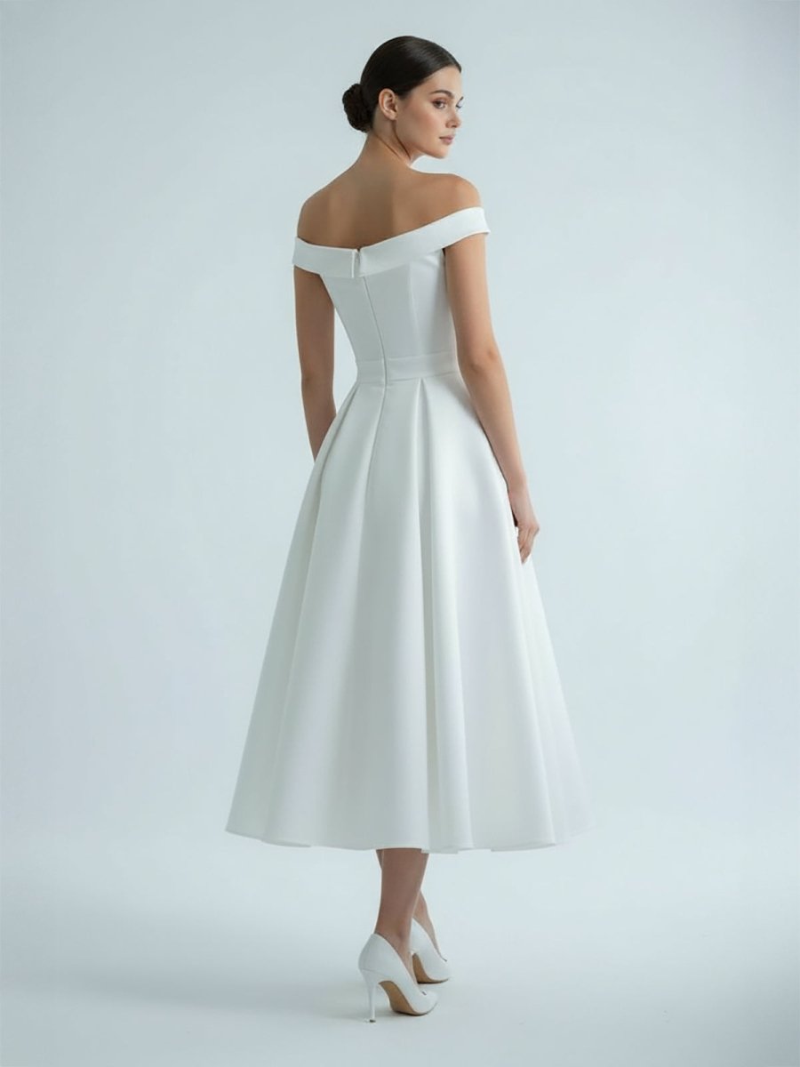 Sleeveless Tea-Length Satin Wedding Dress With Sash And Off-The-Shoulder Neck - Curvevia