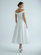 Sleeveless Tea-Length Satin Wedding Dress With Sash And Off-The-Shoulder Neck - Curvevia