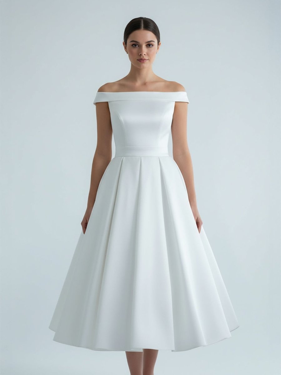 Sleeveless Tea-Length Satin Wedding Dress With Sash And Off-The-Shoulder Neck - Curvevia