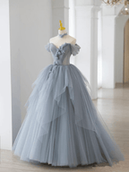 Grey Blue Ball Gown Off The Shoulder Lace-Up Back Quinceanera Dress - Curvevia