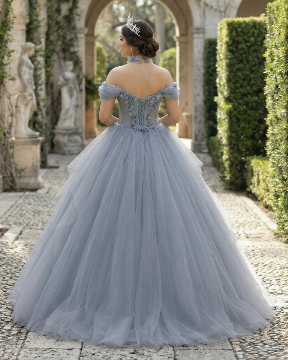 Grey Blue Ball Gown Off The Shoulder Lace-Up Back Quinceanera Dress - Curvevia