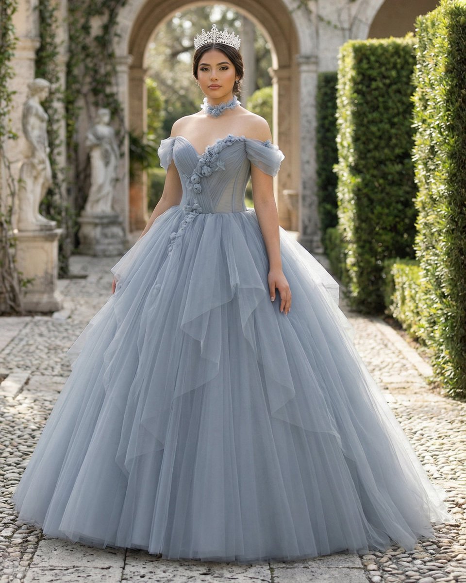 Grey Blue Ball Gown Off The Shoulder Lace-Up Back Quinceanera Dress - Curvevia