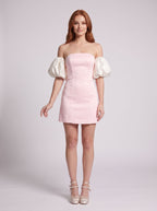Blushing Pink Satin Column Straight Neck Back Zip Short Dress with long sleeves - Curvevia