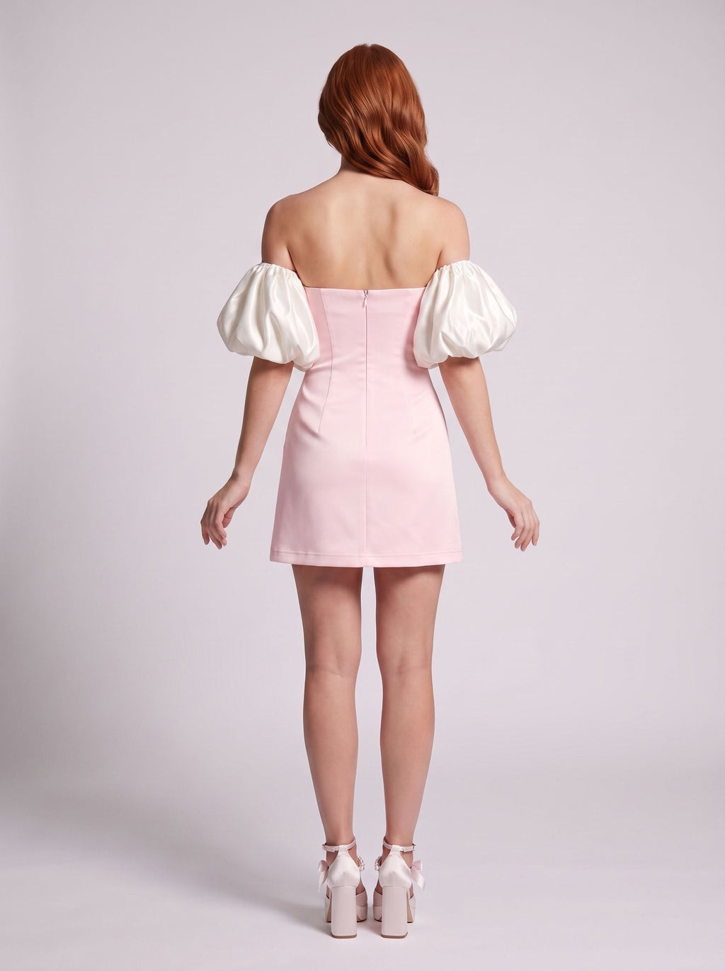 Blushing Pink Satin Column Straight Neck Back Zip Short Dress with long sleeves - Curvevia