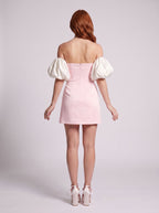 Blushing Pink Satin Column Straight Neck Back Zip Short Dress with long sleeves - Curvevia
