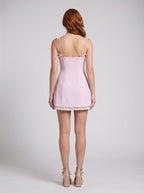 Pink Stretch Knit A-Line Square Neck Mini Dress with Pleated georgette hem and bow straps - Curvevia