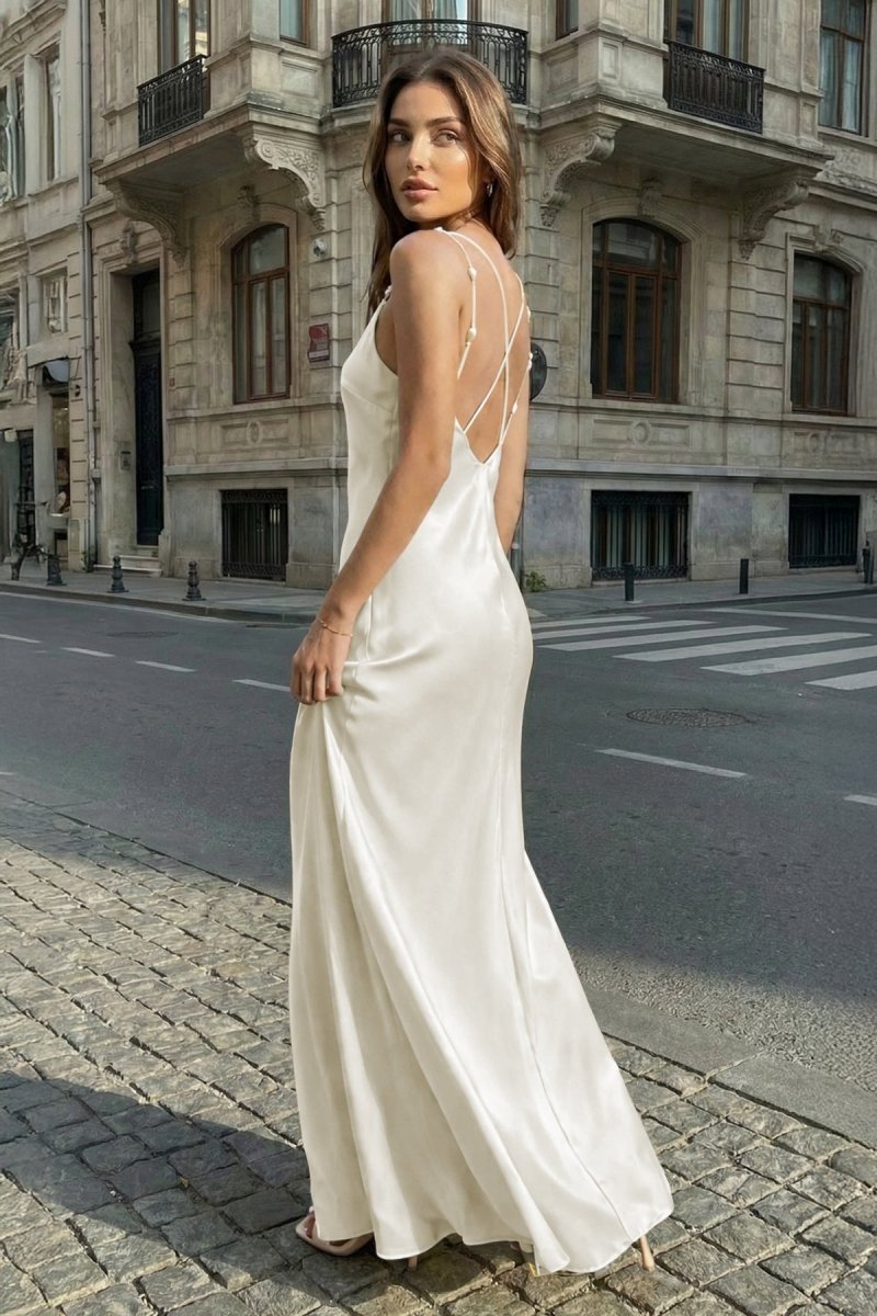 Yellow Sheath Spaghetti Straps Stain Long Evening Dress With Pearls - Curvevia