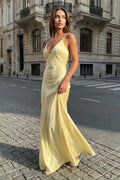 Yellow Sheath Spaghetti Straps Stain Long Evening Dress With Pearls - Curvevia
