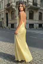 Yellow Sheath Spaghetti Straps Stain Long Evening Dress With Pearls - Curvevia