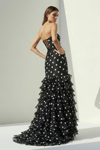 Black Strapless Sheath Polka Dots Chiffon Ruffled Evening Dress With Bow - Curvevia
