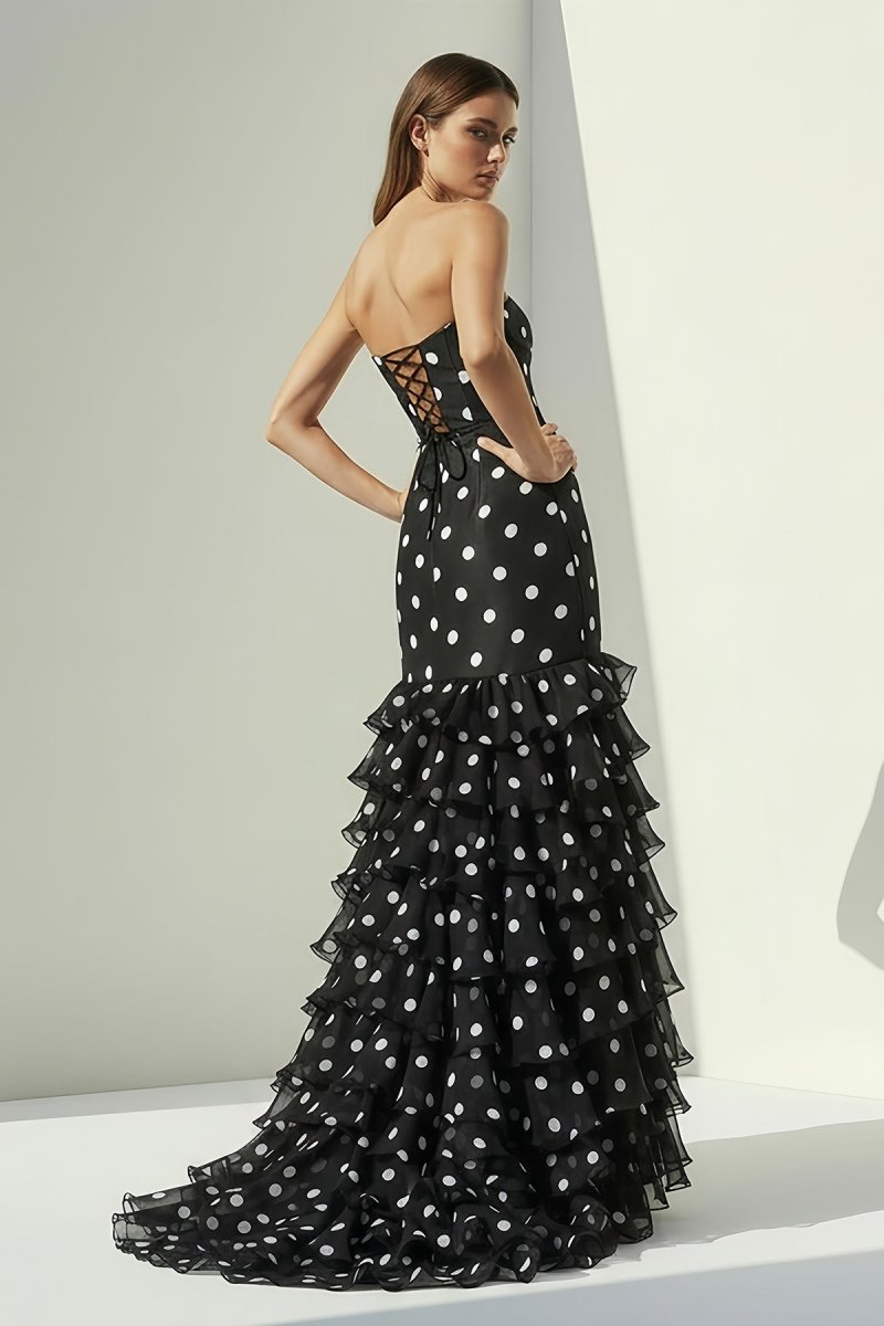 Black Strapless Sheath Polka Dots Chiffon Ruffled Evening Dress With Bow - Curvevia