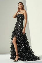 Black Strapless Sheath Polka Dots Chiffon Ruffled Evening Dress With Bow - Curvevia