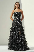 Black Strapless Sheath Polka Dots Chiffon Ruffled Evening Dress With Bow - Curvevia