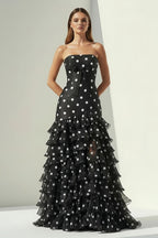 Black Strapless Sheath Polka Dots Chiffon Ruffled Evening Dress With Bow - Curvevia