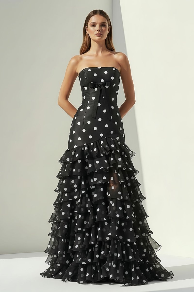 Black Strapless Sheath Polka Dots Chiffon Ruffled Evening Dress With Bow - Curvevia