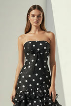 Black Strapless Sheath Polka Dots Chiffon Ruffled Evening Dress With Bow - Curvevia