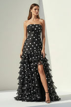 Black Strapless Sheath Polka Dots Chiffon Ruffled Evening Dress With Bow - Curvevia