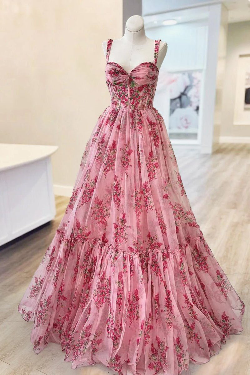 Pink Spaghetti Straps A Line Floral Printed Chiffon Long Wedding Guest Dress With Bow - Curvevia