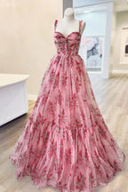 Pink Spaghetti Straps A Line Floral Printed Chiffon Long Wedding Guest Dress With Bow - Curvevia