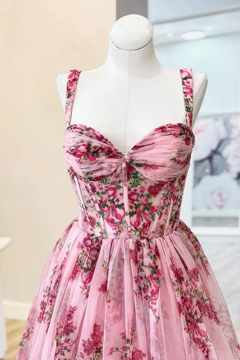 Pink Spaghetti Straps A Line Floral Printed Chiffon Long Wedding Guest Dress With Bow - Curvevia