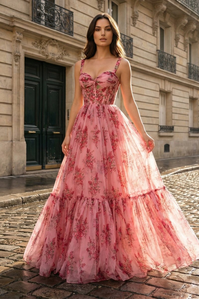 Pink Spaghetti Straps A Line Floral Printed Chiffon Long Wedding Guest Dress With Bow - Curvevia