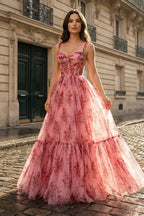 Pink Spaghetti Straps A Line Floral Printed Chiffon Long Wedding Guest Dress With Bow - Curvevia