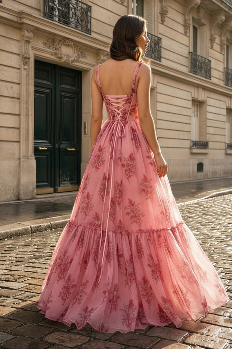 Pink Spaghetti Straps A Line Floral Printed Chiffon Long Wedding Guest Dress With Bow - Curvevia