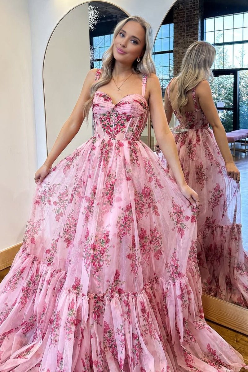 Pink Spaghetti Straps A Line Floral Printed Chiffon Long Wedding Guest Dress With Bow - Curvevia