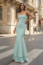 Pink Spaghetti Straps Mermaid Satin Long Evening Dress - Curvevia