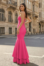 Pink Spaghetti Straps Mermaid Satin Long Evening Dress - Curvevia