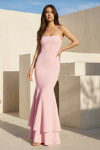 Pink Spaghetti Straps Mermaid Satin Long Evening Dress - Curvevia