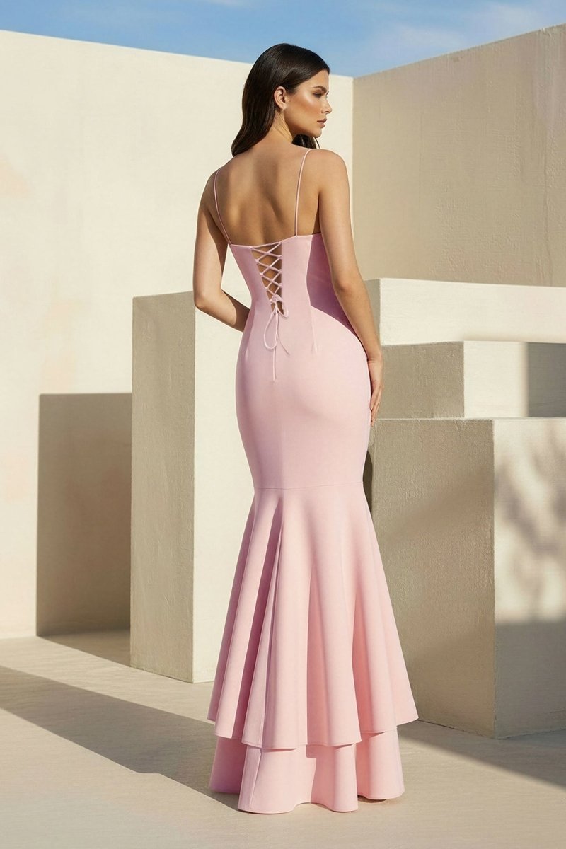 Pink Spaghetti Straps Mermaid Satin Long Evening Dress - Curvevia