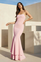 Pink Spaghetti Straps Mermaid Satin Long Evening Dress - Curvevia