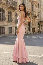 Pink Spaghetti Straps Mermaid Satin Long Evening Dress - Curvevia
