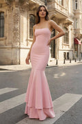 Pink Spaghetti Straps Mermaid Satin Long Evening Dress - Curvevia