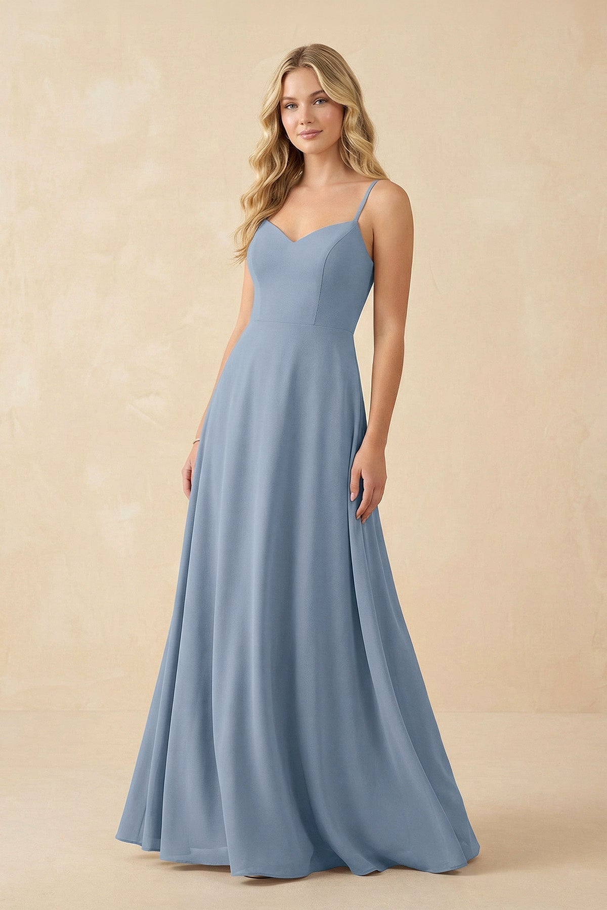 A-Line Chiffon Spaghetti Strap Bridesmaid Dress in Neptune - Curvevia