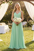 Spaghetti Strap A-Line Chiffon Bridesmaid Dress in Pale Pistachio - Curvevia