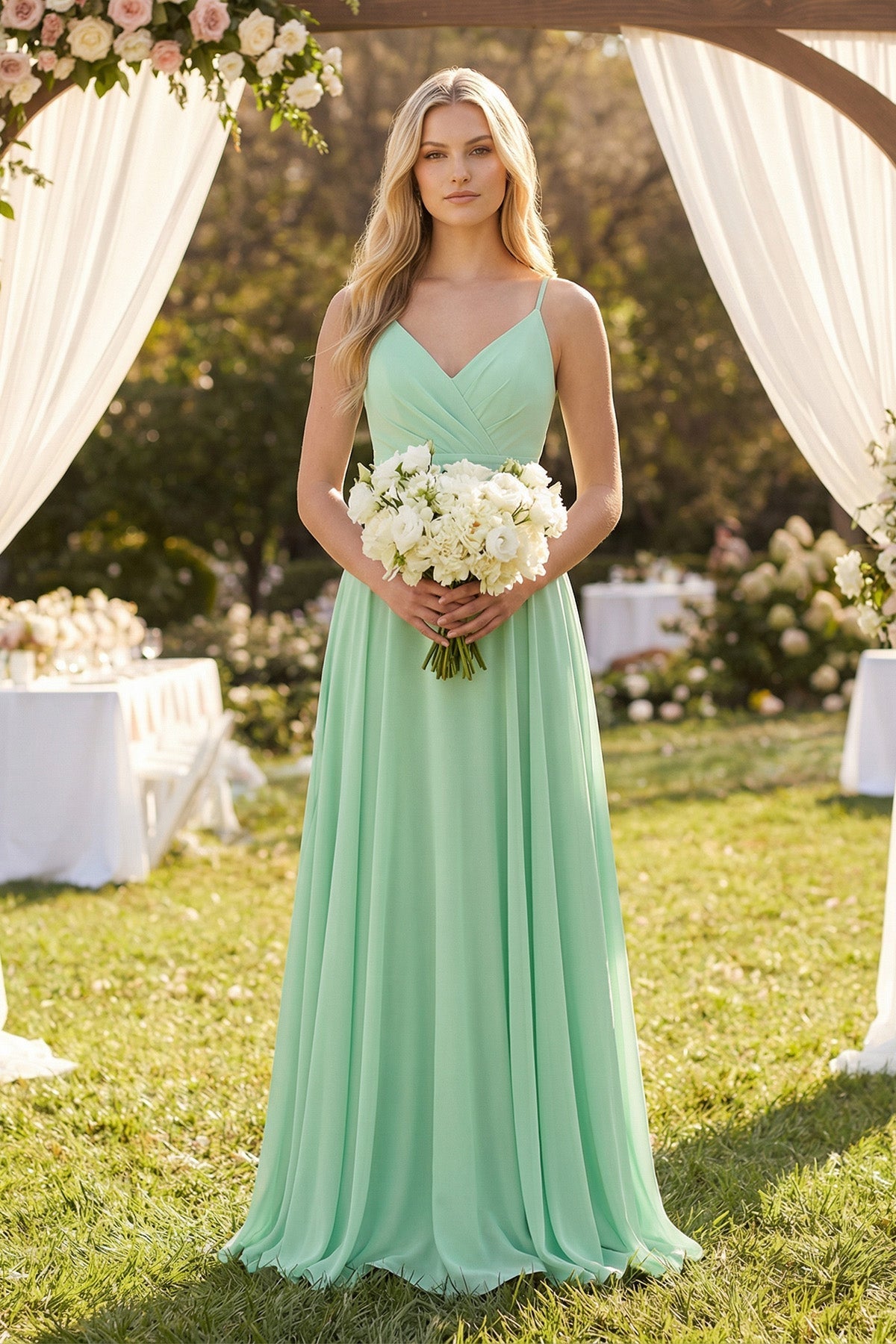 Spaghetti Strap A-Line Chiffon Bridesmaid Dress in Pale Pistachio - Curvevia
