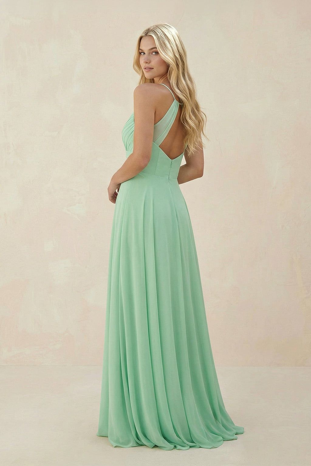 Spaghetti Strap A-Line Chiffon Bridesmaid Dress in Pale Pistachio - Curvevia