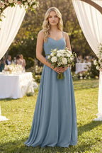 A-Line Chiffon Spaghetti Strap Bridesmaid Dress in Neptune - Curvevia
