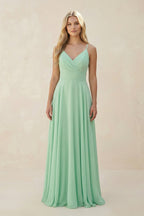 Spaghetti Strap A-Line Chiffon Bridesmaid Dress in Pale Pistachio - Curvevia