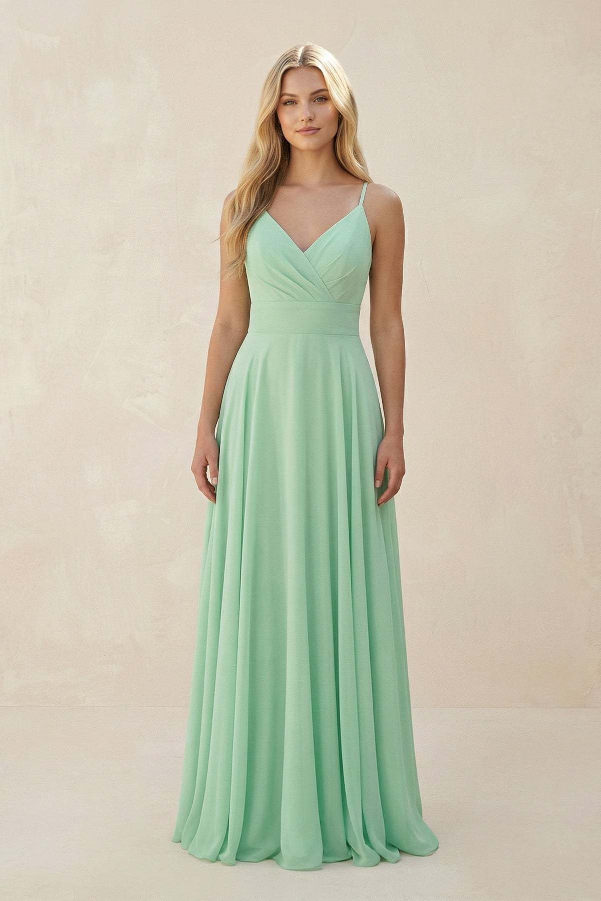 Spaghetti Strap A-Line Chiffon Bridesmaid Dress in Pale Pistachio - Curvevia