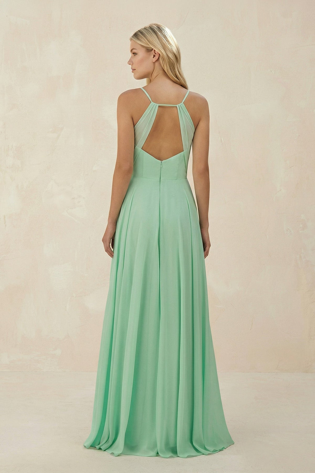 Spaghetti Strap A-Line Chiffon Bridesmaid Dress in Pale Pistachio - Curvevia