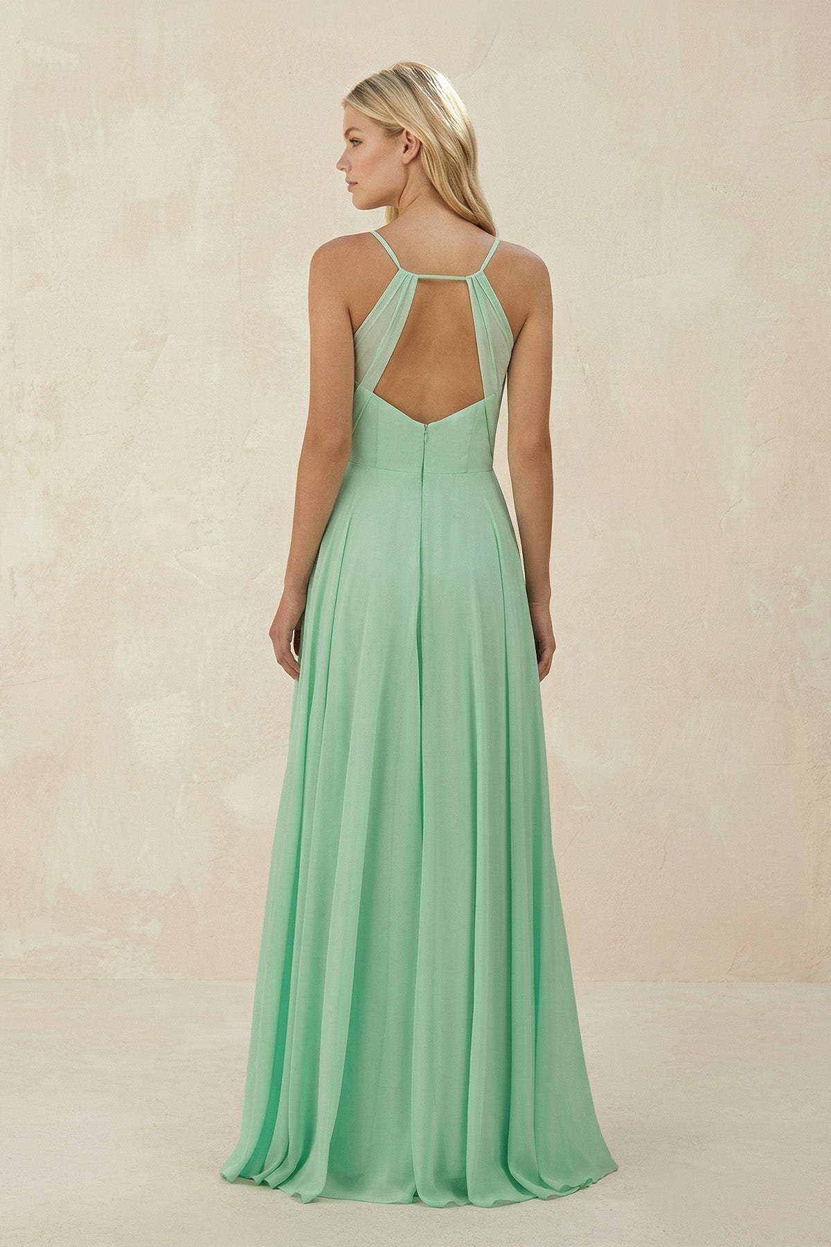 Spaghetti Strap A-Line Chiffon Bridesmaid Dress in Pale Pistachio - Curvevia