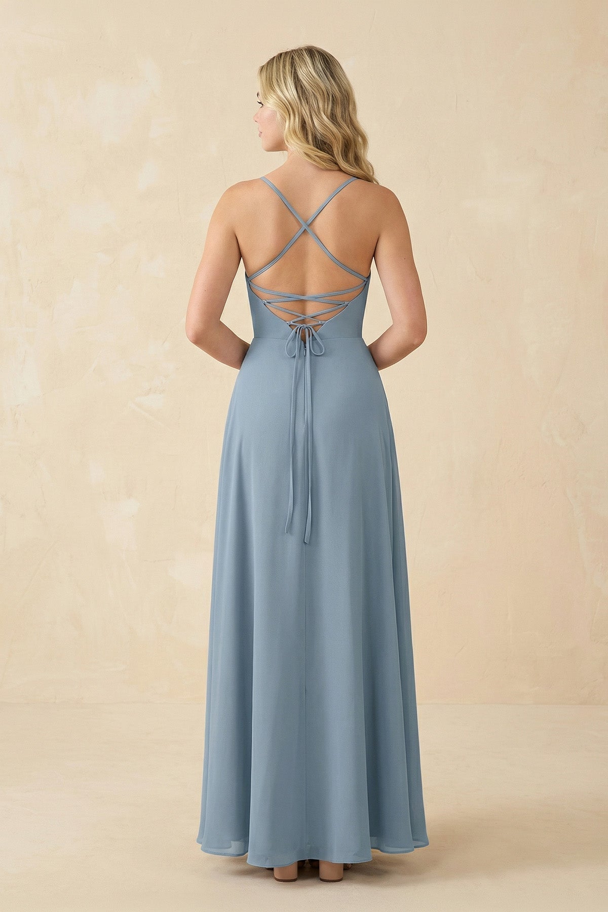 A-Line Chiffon Spaghetti Strap Bridesmaid Dress in Neptune - Curvevia