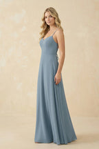 A-Line Chiffon Spaghetti Strap Bridesmaid Dress in Neptune - Curvevia