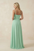 Spaghetti Strap Chiffon A-Line Bridesmaid Dress in Pale Pistachio - Curvevia