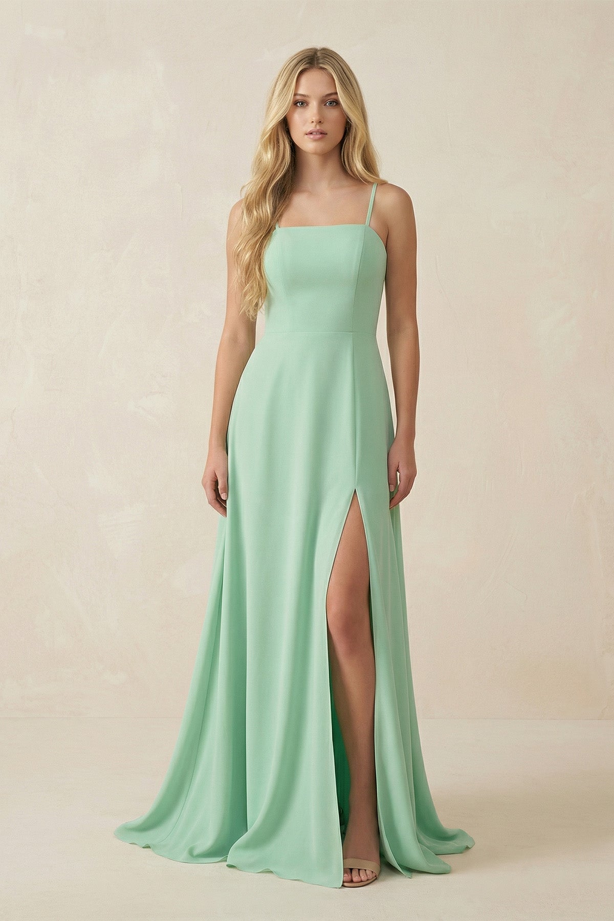 Spaghetti Strap Chiffon A-Line Bridesmaid Dress in Pale Pistachio - Curvevia