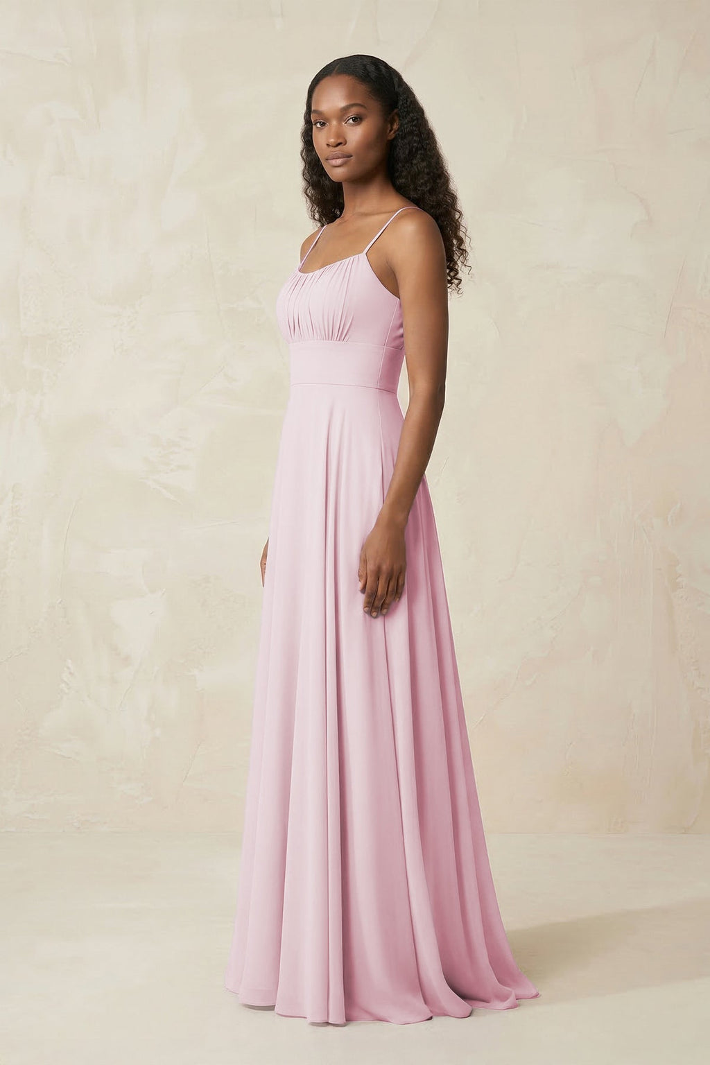 A-Line Ruched Chiffon Spaghetti Strap Bridesmaid Dress in Candy Pink - Curvevia