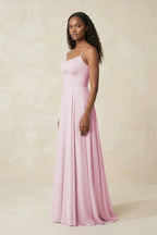 A-Line Ruched Chiffon Spaghetti Strap Bridesmaid Dress in Candy Pink - Curvevia